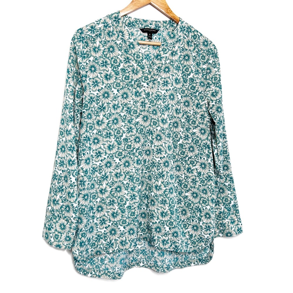 Banana Republic Womens Floral Print V Neck Long Sleeve Blouse Green Cream Size M